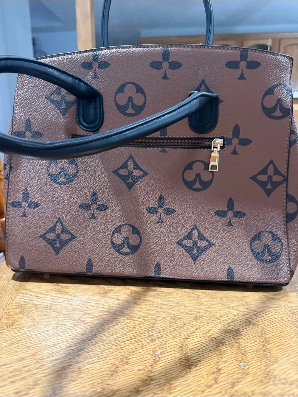 Brown Monogram Tote Handbag with Black Handles